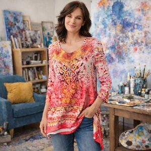 One World Tunic Top M Sunny Orange Floral Asymmetrical Hankie Hem Fairy Sparkle